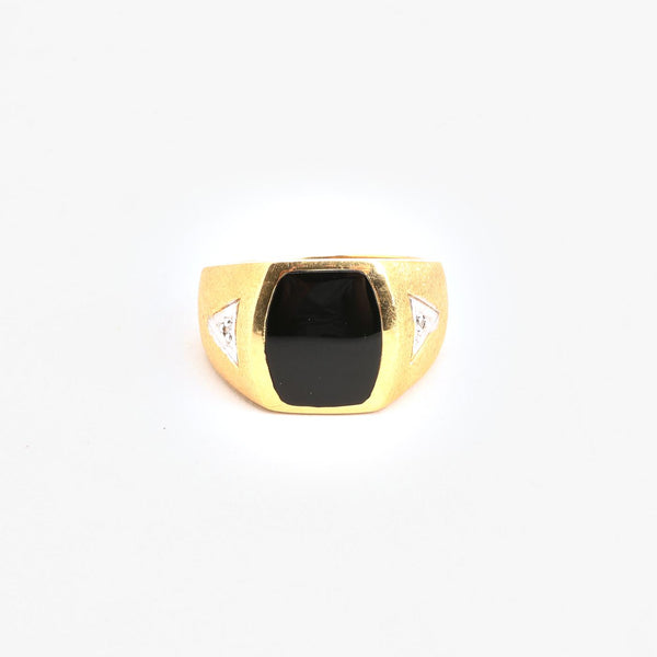 Matteret signetring i 14K guld og hvidguld med diamanter (0,01 ct) og onyks, str 61