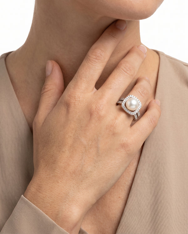 Perle Haloring i 18K hvidguld med diamanter (1,08 ct), Str. 52