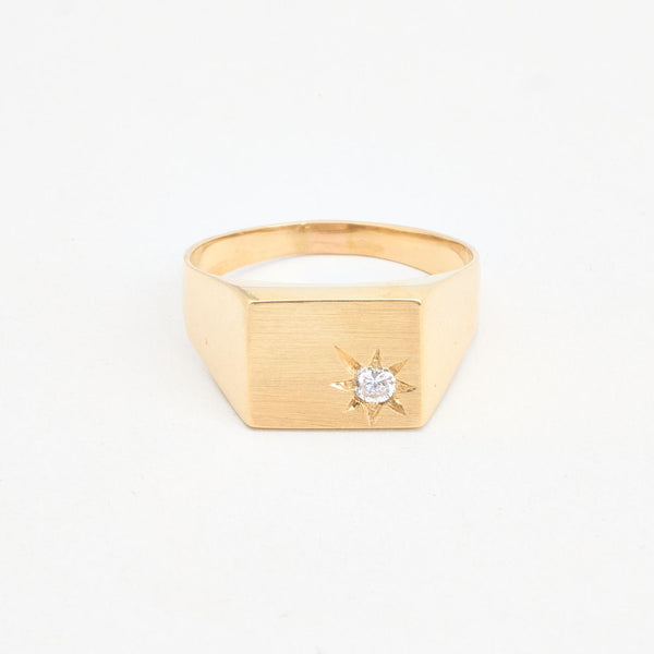 Matteret signetring i 14K guld med en zirkonia, str 65