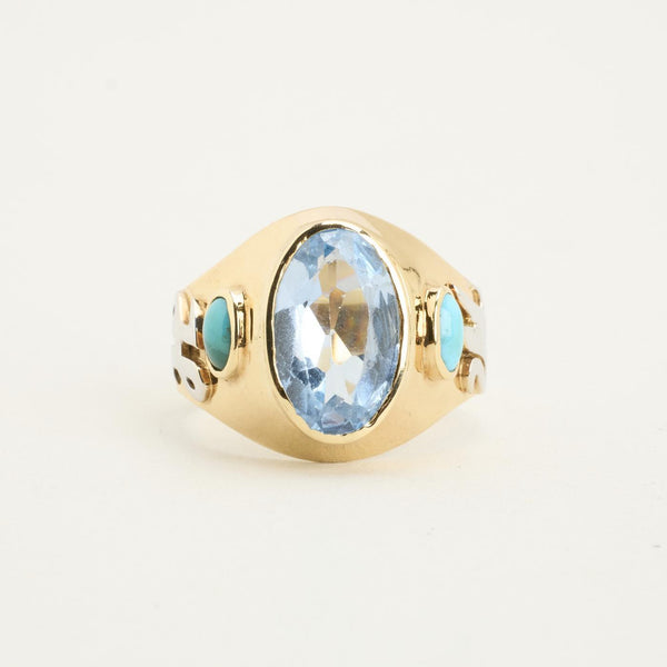 Signet ring i 14K guld med syntetisk spinel og turkise tonede cabochons, Str. 58