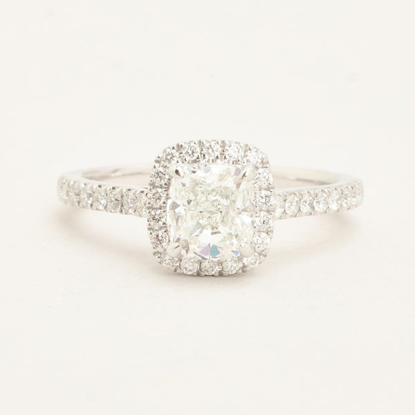 Cushion-cut Haloring i platin med diamanter (1.03 ct - centersten), Str. 53