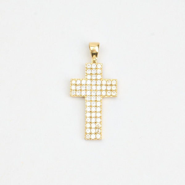Pavé kors i 14K guld med hvide sten, 3 cm