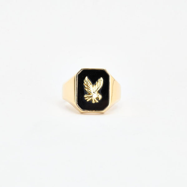 Monogram Signetring i 14K guld med en sort sten, Str. 62