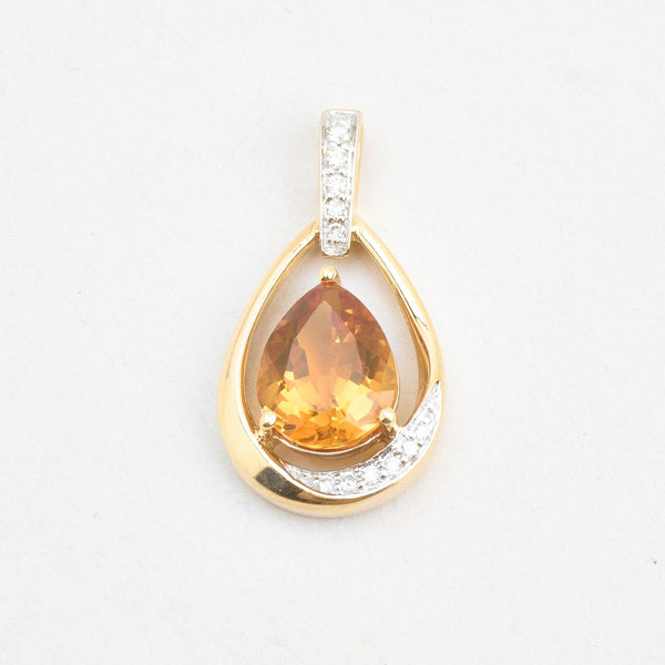 Dråbe vedhæng i 14K guld med diamanter (0,10 ct) og en orange sten, 2,5 cm