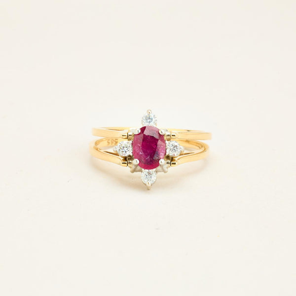Reversible rosetring med diamanter (0.68 ct) i 14K guld og hvidguld med rød sten, str. 58