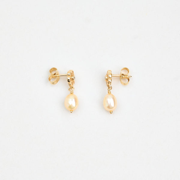 Blomster perle øreringe i 14K guld med diamanter 0,06 ct, 1,5 cm