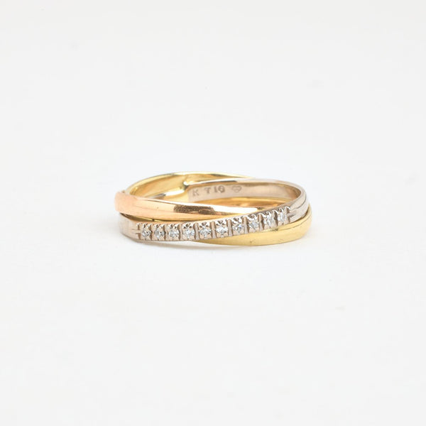 Tre i en ring i 18K guld, hvidguld og rosaguld med 10 diamanter (0,01 ct), str 54, 4,05 g