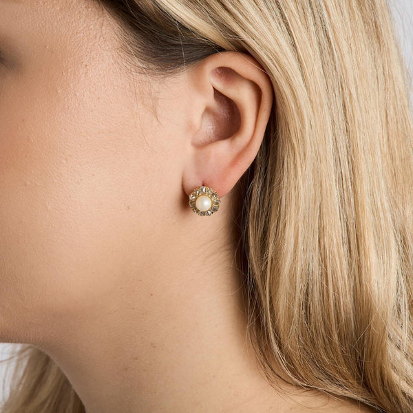 Perle øreringe i 14K guld, med diamanter (1.39 ct), 1.3 cm