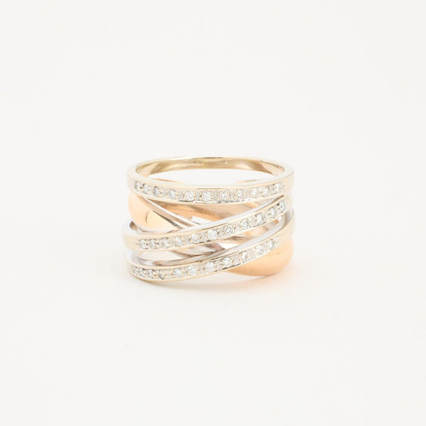 Crossoverring i 18K hvidguld og rødguld med diamanter (0.19 ct), Str. 54, 10.38 g