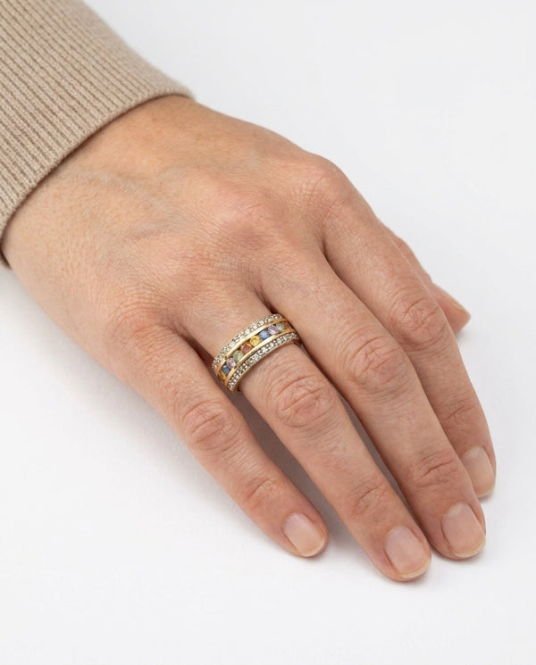 Rainbow Gypsyring i 9K guld med 32 diamanter og flerfarvede sten (0,16 ct), str 55